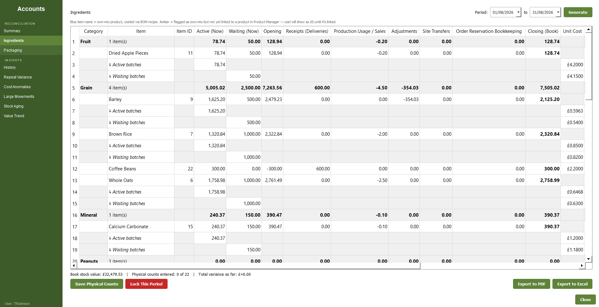 Accounts month-end stock reconciliation screen