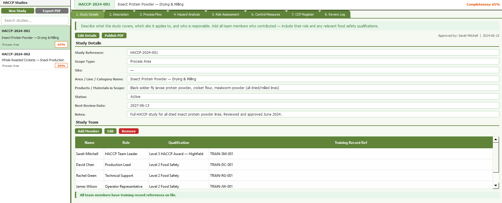 HACCP study builder screen