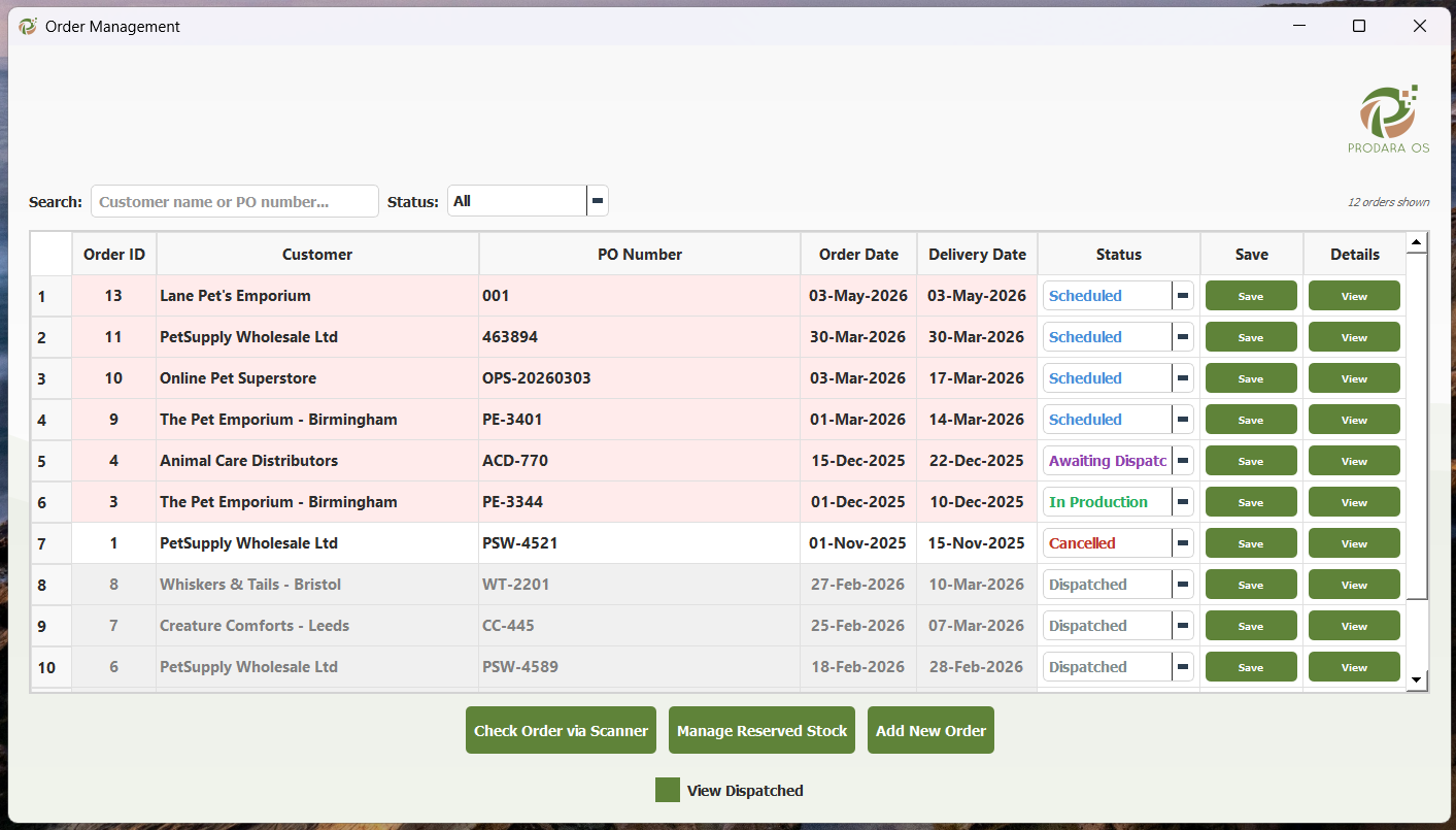 Order management screen