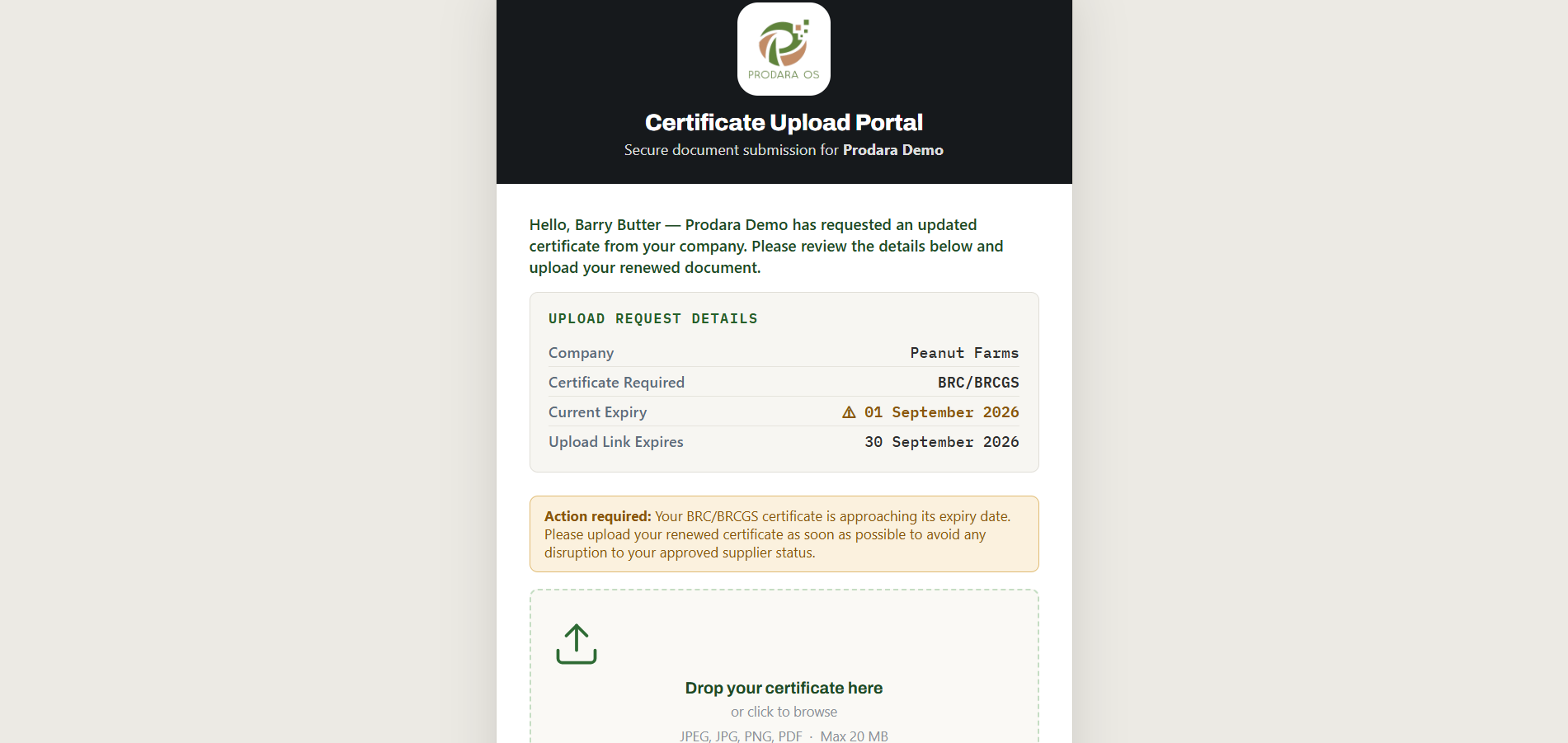 Supplier certificate upload portal screen